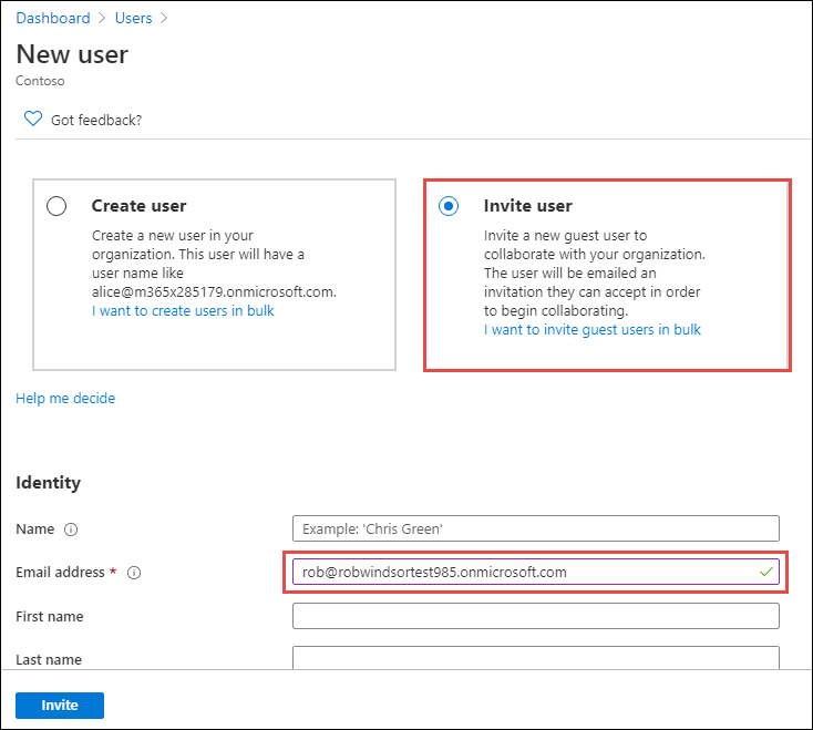 Screenshot of inviting a guest user into the directory