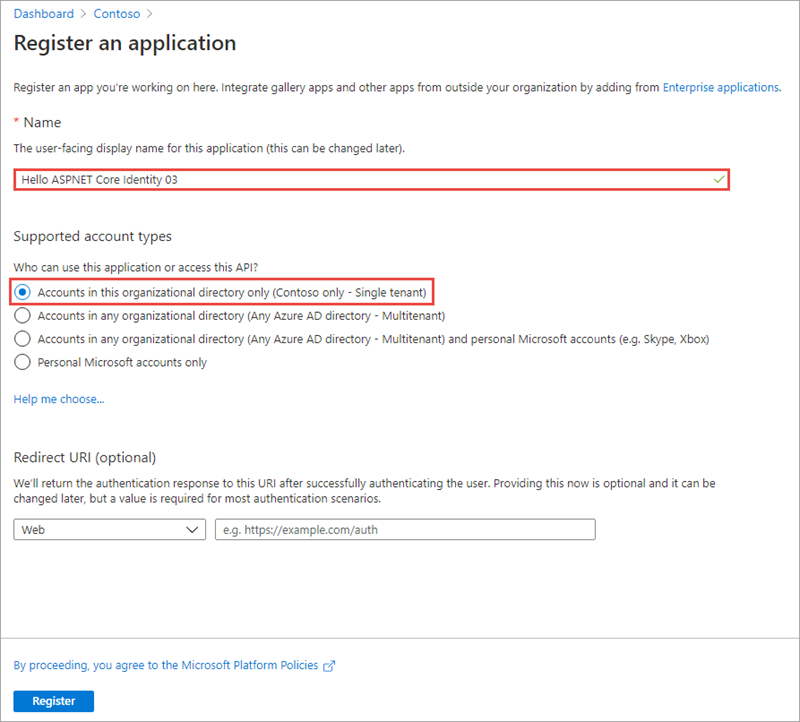 Screenshot of the Register an application page