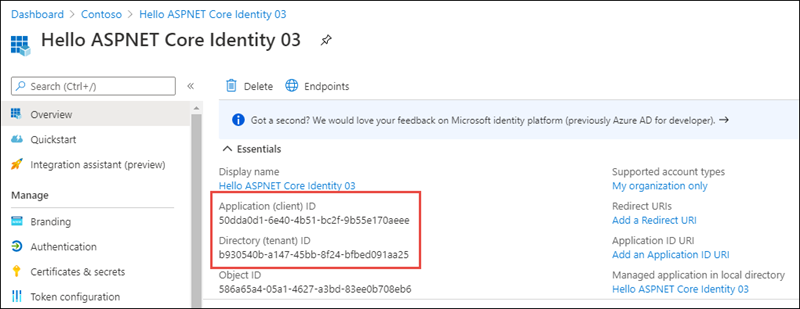 Screenshot of the application ID of the new app registration