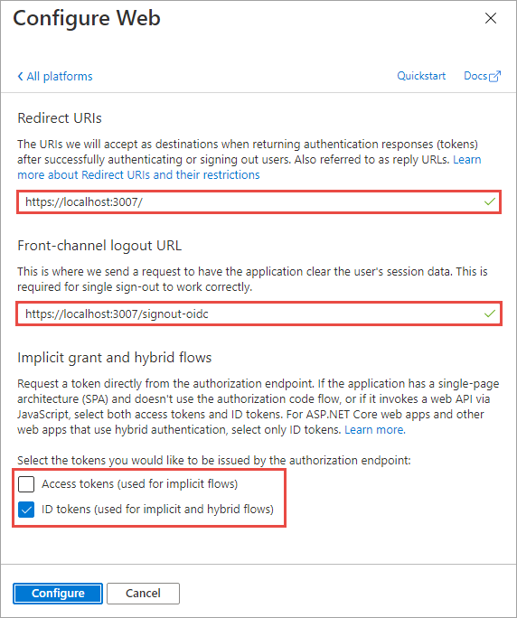 Screenshot of the Configure Web panel
