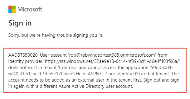 Screenshot of Azure AD blocking the sign in of a non-organization user