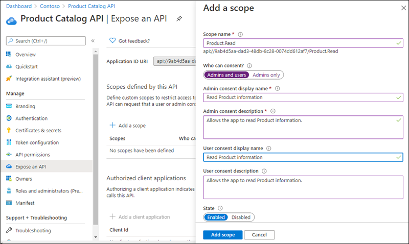 Screenshot of the application scope of the new app registration