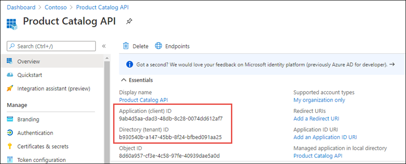 Screenshot of the application ID of the new app registration