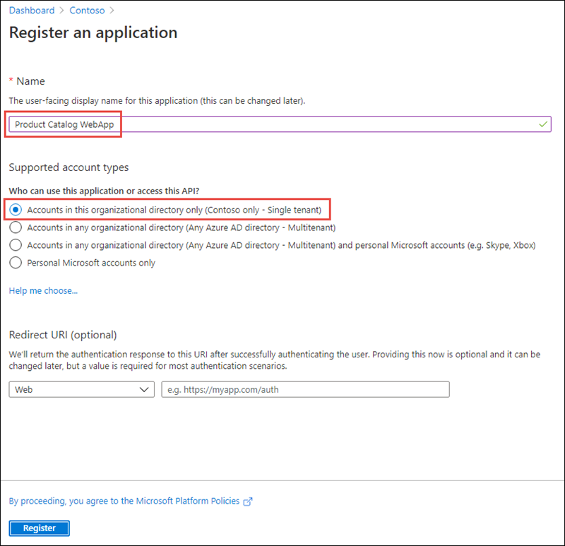 Screenshot of the Register an application page