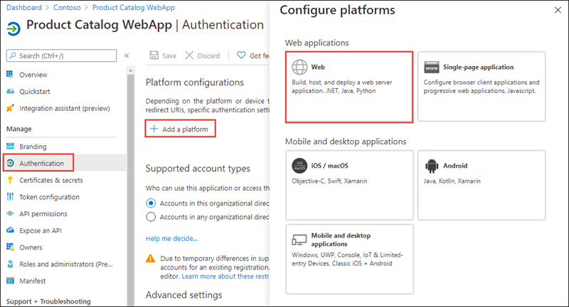 Screenshot of the add platform panel of the new app registration