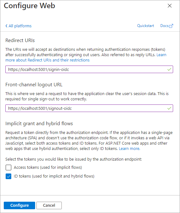 Screenshot of the application configuration