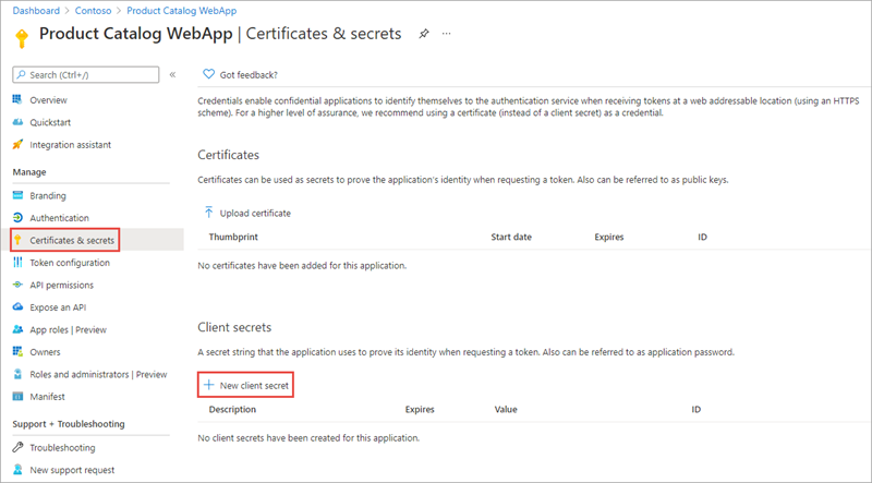 Screenshot of the Certificates & Secrets page in the Azure AD admin center
