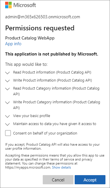 Screenshot of web API consent dialog