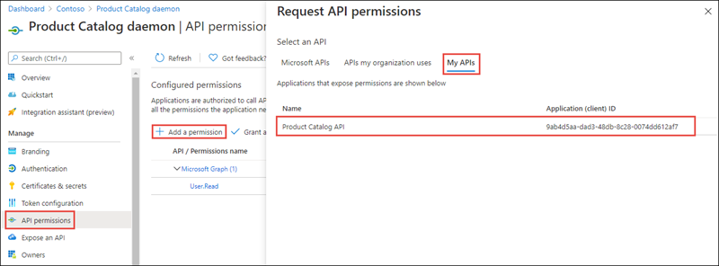 Screenshot of the API permissions page in the Azure AD admin center