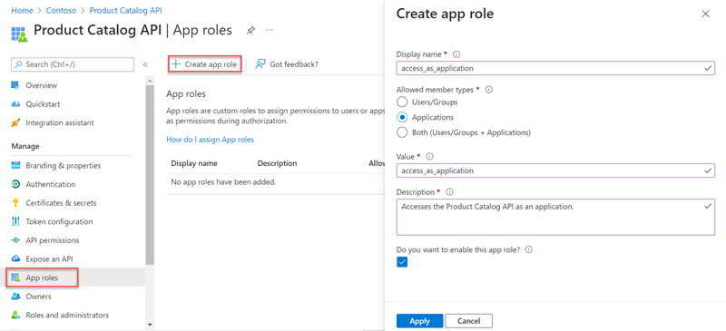 Screenshot of the app roles of the app registration