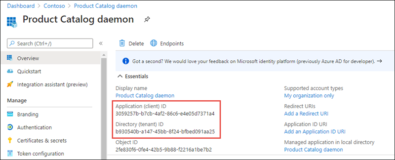 Screenshot of the application ID of the new app registration for the daemon app