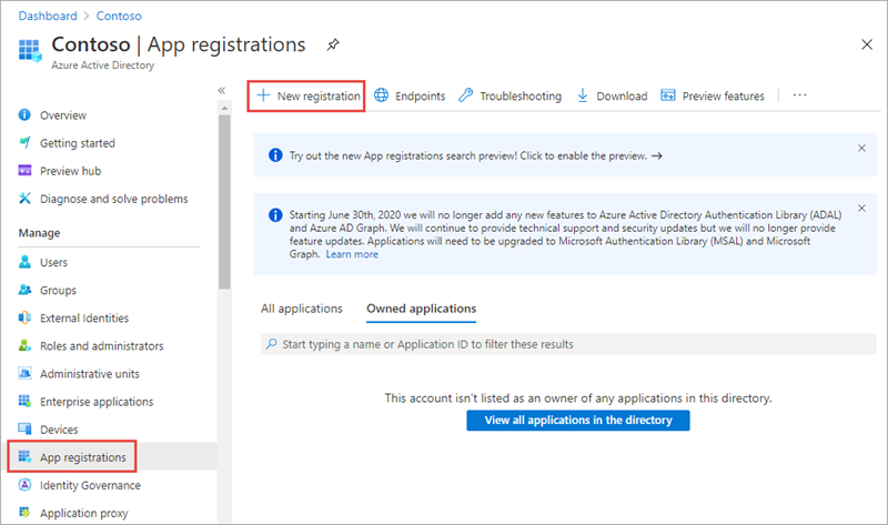 Screenshot of App Registrations page