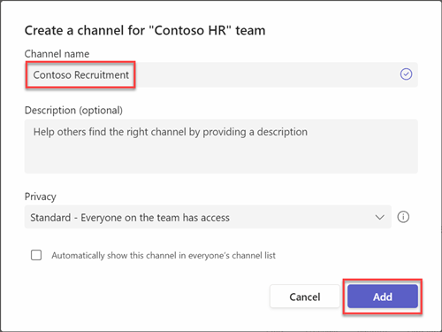 Screenshot of adding a teams channel