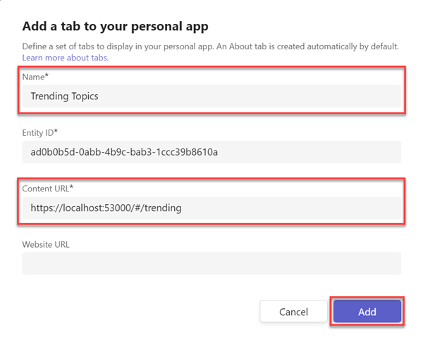 Screenshot of adding a personal tab