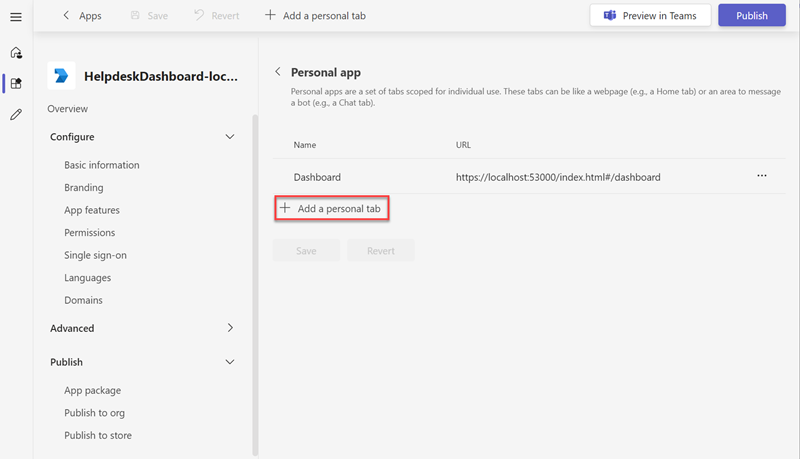 Screenshot of add a personal tab button