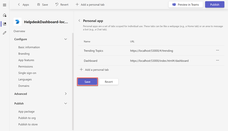 Screenshot of saving a personal tab