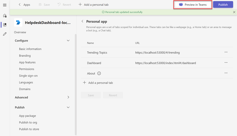 Screenshot of preview in teams button