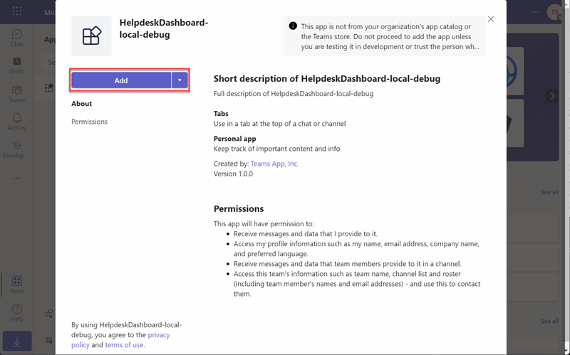 Screenshot of adding app