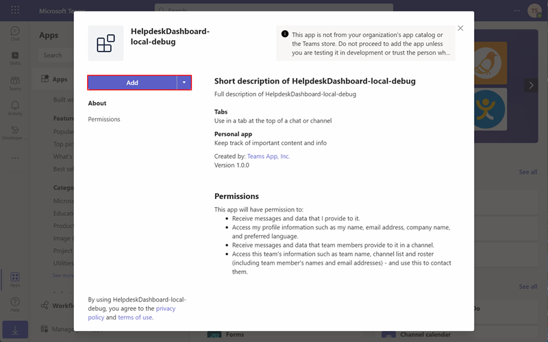 Screenshot of adding Teams Apps to Teams