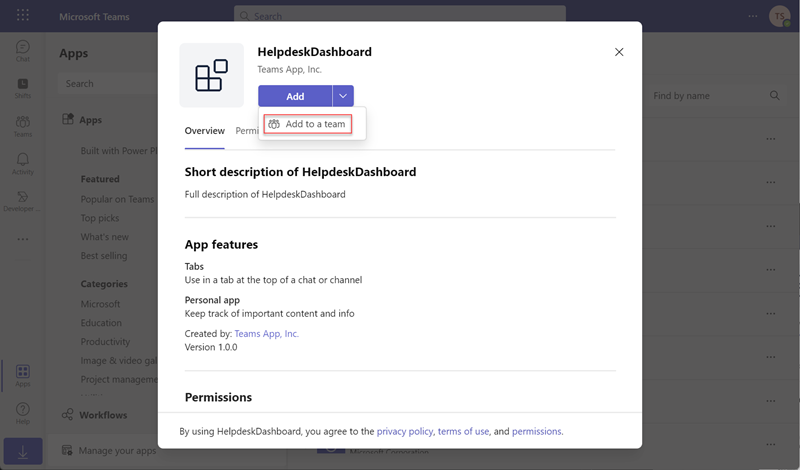 Screenshot of adding Teams app
