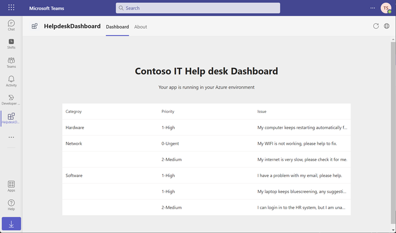 Screenshot of sample Teams app