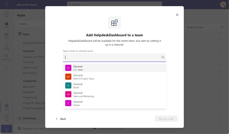 Screenshot of setting up a tab