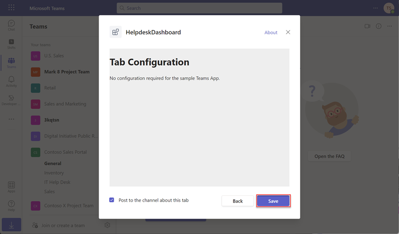 Screenshot of team tab configuration page
