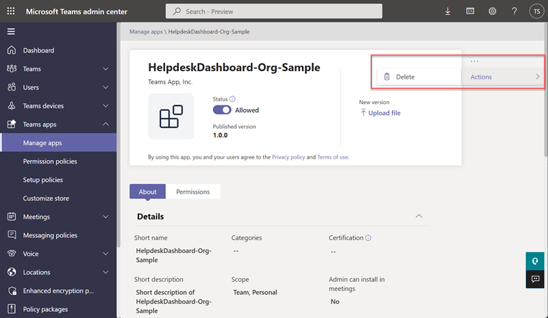 Screenshot of deleting a org teams app