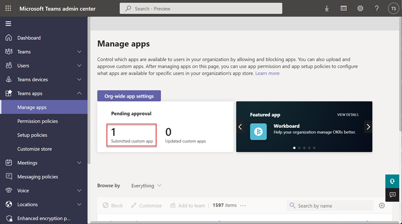 Screenshot of Teams pending approval apps