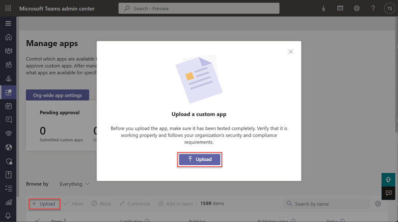 Screenshot of uploading Teams app