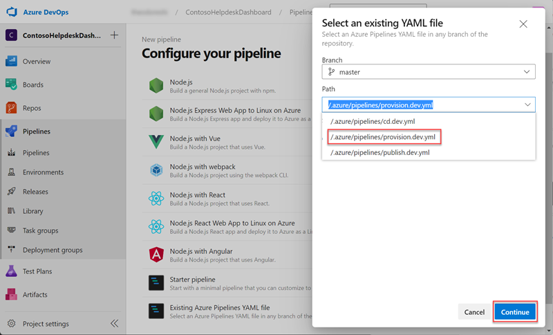 Screenshot of selecting pipeline