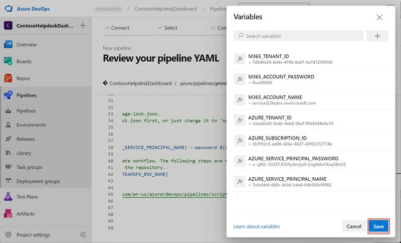 Screenshot of pipeline variables