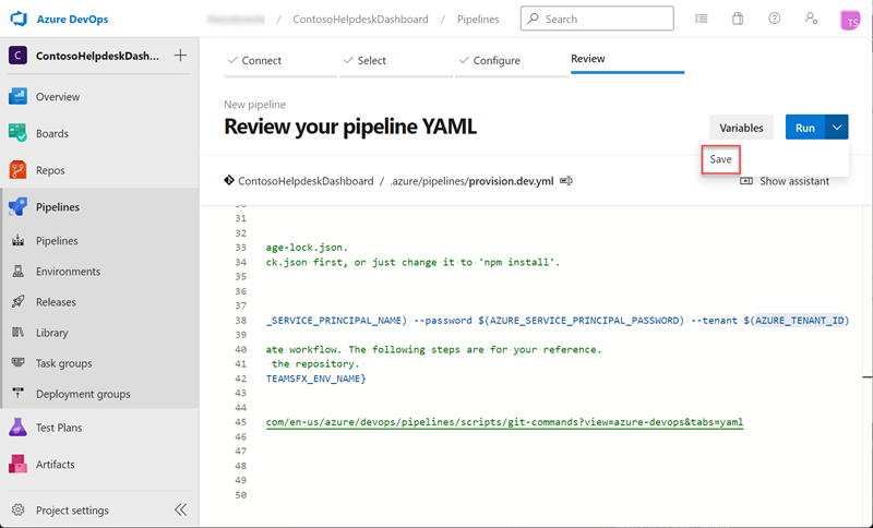 Screenshot of saving pipeline