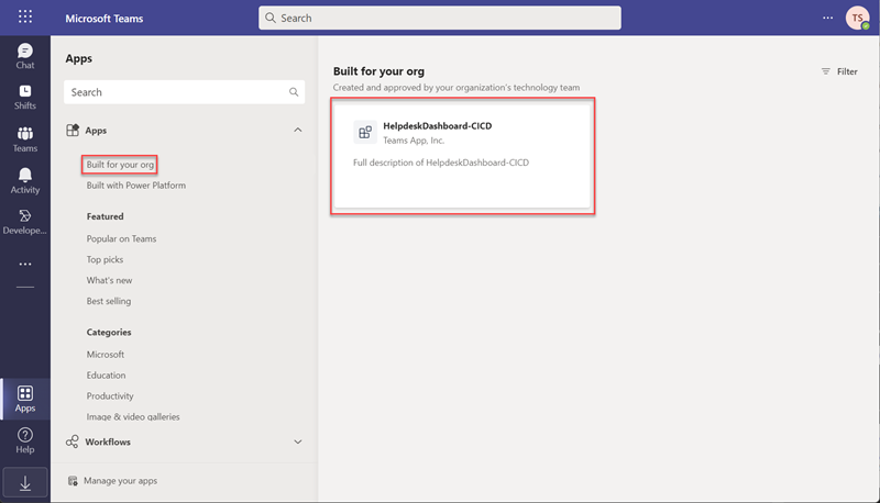 Screenshot of installing Teams Org app