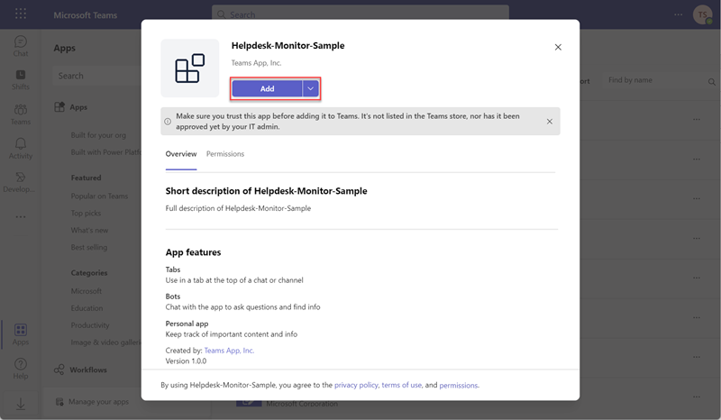 Screenshot of adding Teams app