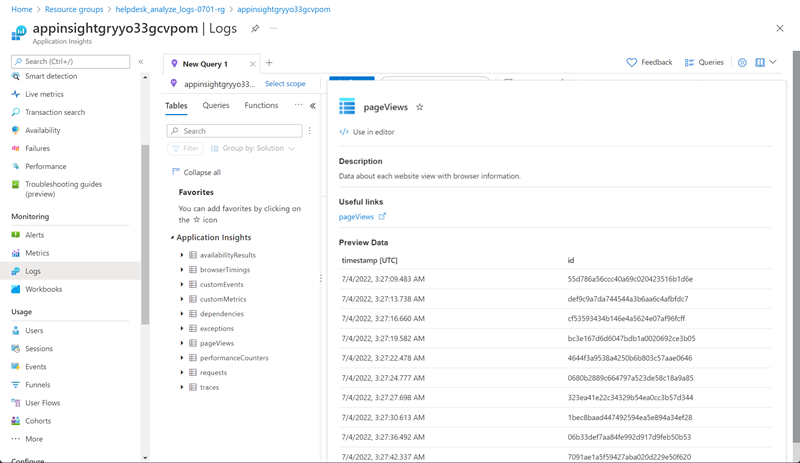 Screenshot of preview data for pageviews table