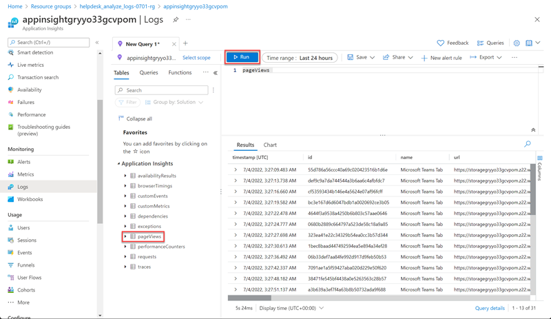 Screenshot of pageviews table data item