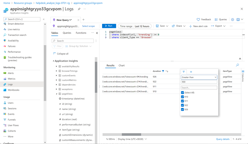 Screenshot of filtering query results