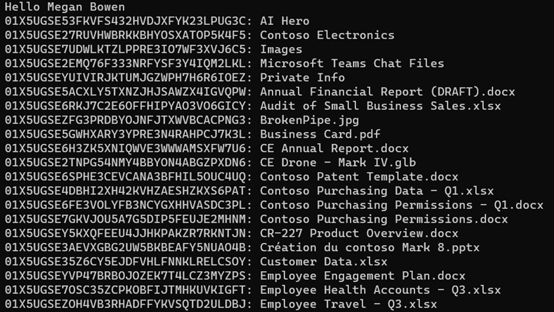 Screenshot of the console application showing all files in the currently signed-in user's OneDrive root folder.