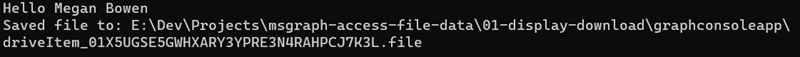 Screenshot of the console application showing the saved file from the user's OneDrive.