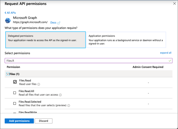 Screenshot of the Files.Read permission in the Request API permissions panel.
