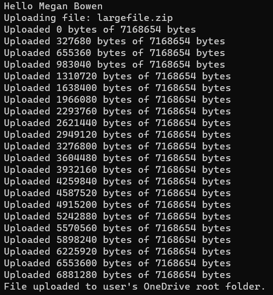 Screenshot of the console application showing uploading files to the user's OneDrive.