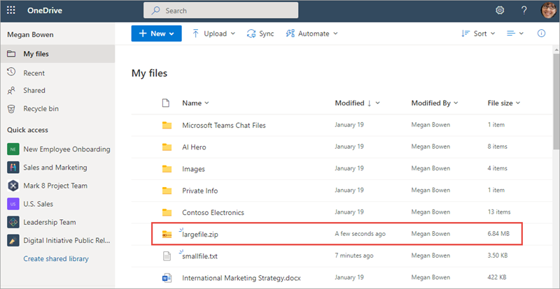 Screenshot of the user's OneDrive account with 'largefile.zip' highlighted.