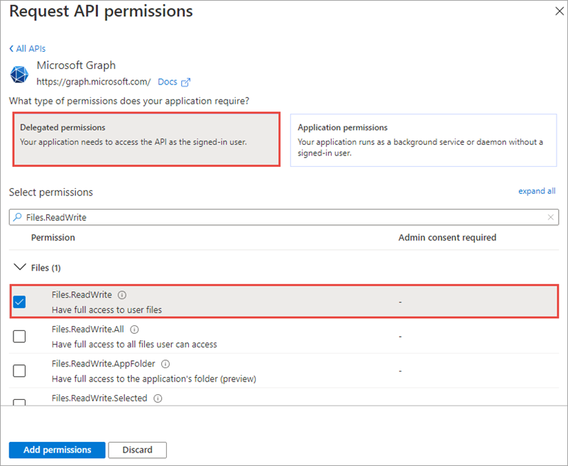 Screenshot of the Files.ReadWrite permission in the Request API permissions panel.