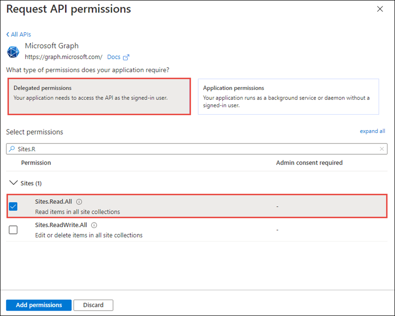 Screenshot of the Files.ReadWrite permission in the Request API permissions panel.