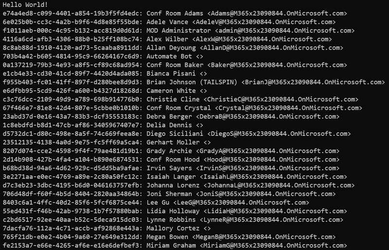Screenshot of the console application showing all users in the organization