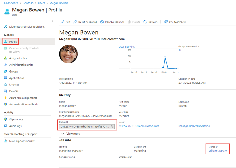 Screenshot of a user's profile in the Azure AD portal