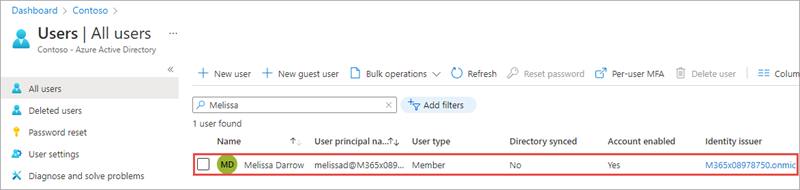Screenshot of the Azure AD admin center showing the new user