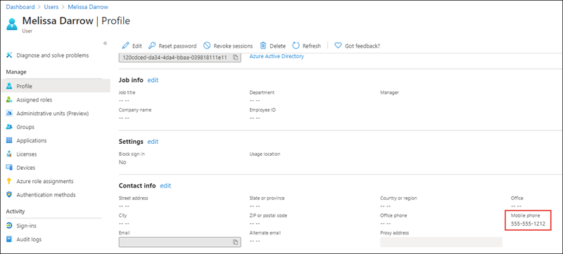 Screenshot of the Azure AD admin center showing the updated user