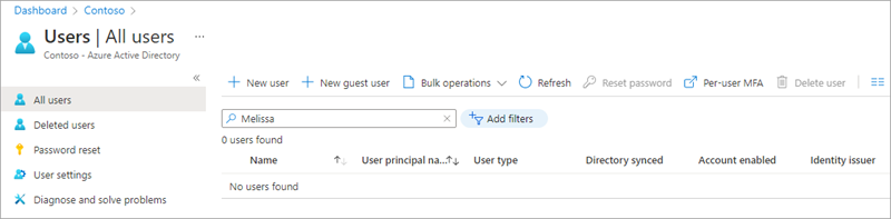 Screenshot of the Azure AD admin center showing the missing user